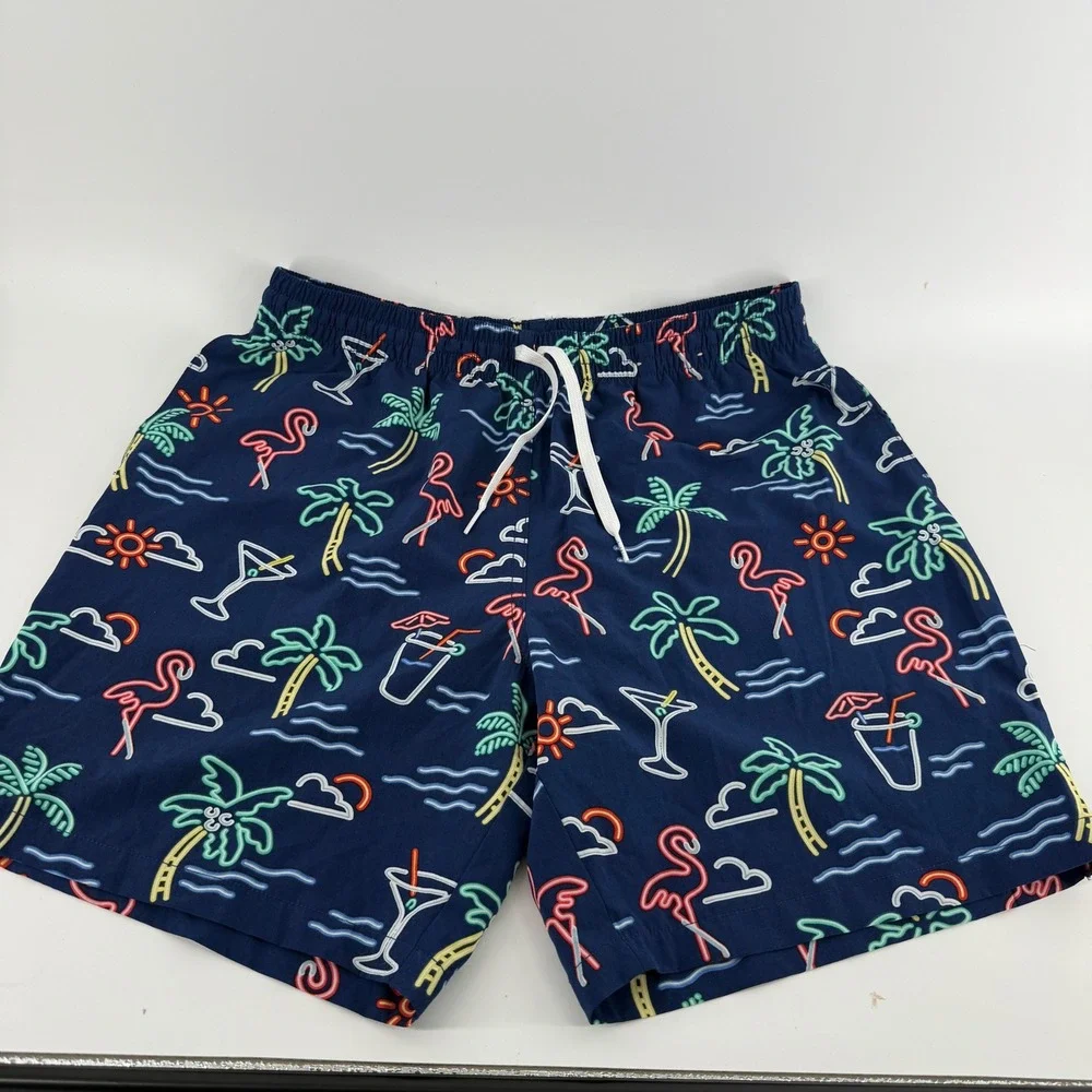Chubbies Mens Neon Flamingo Palm Tree Swim Trunks Navy Blue 7 Inch Inseam XL